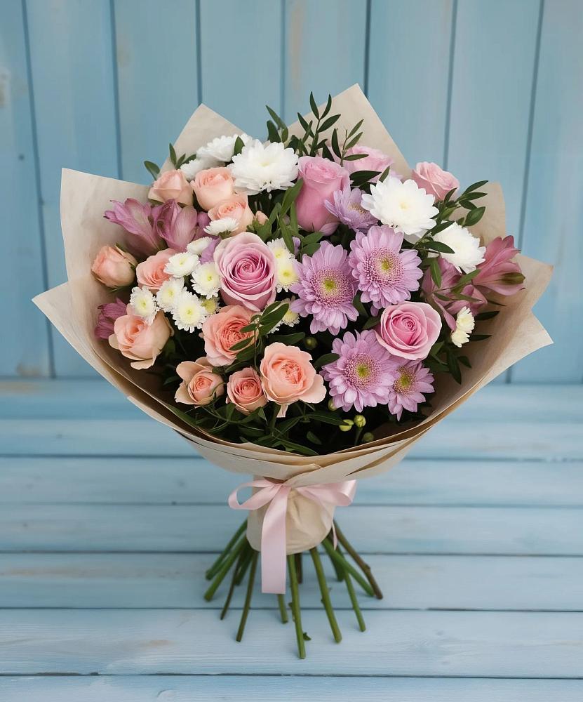 Букет цветов из: Хризантемы, Розы и Альстромерии в Троицком Хабаровский край
