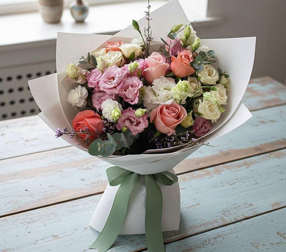 Букет цветов из: Розы, Лизиантусы и Гвоздики в Троицком Хабаровский край