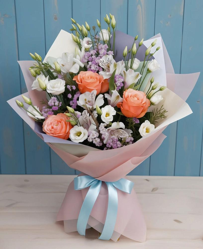 Букет цветов из: Лизиантусы, Розы, Альстромерии и Гипсофила в Троицком Хабаровский край