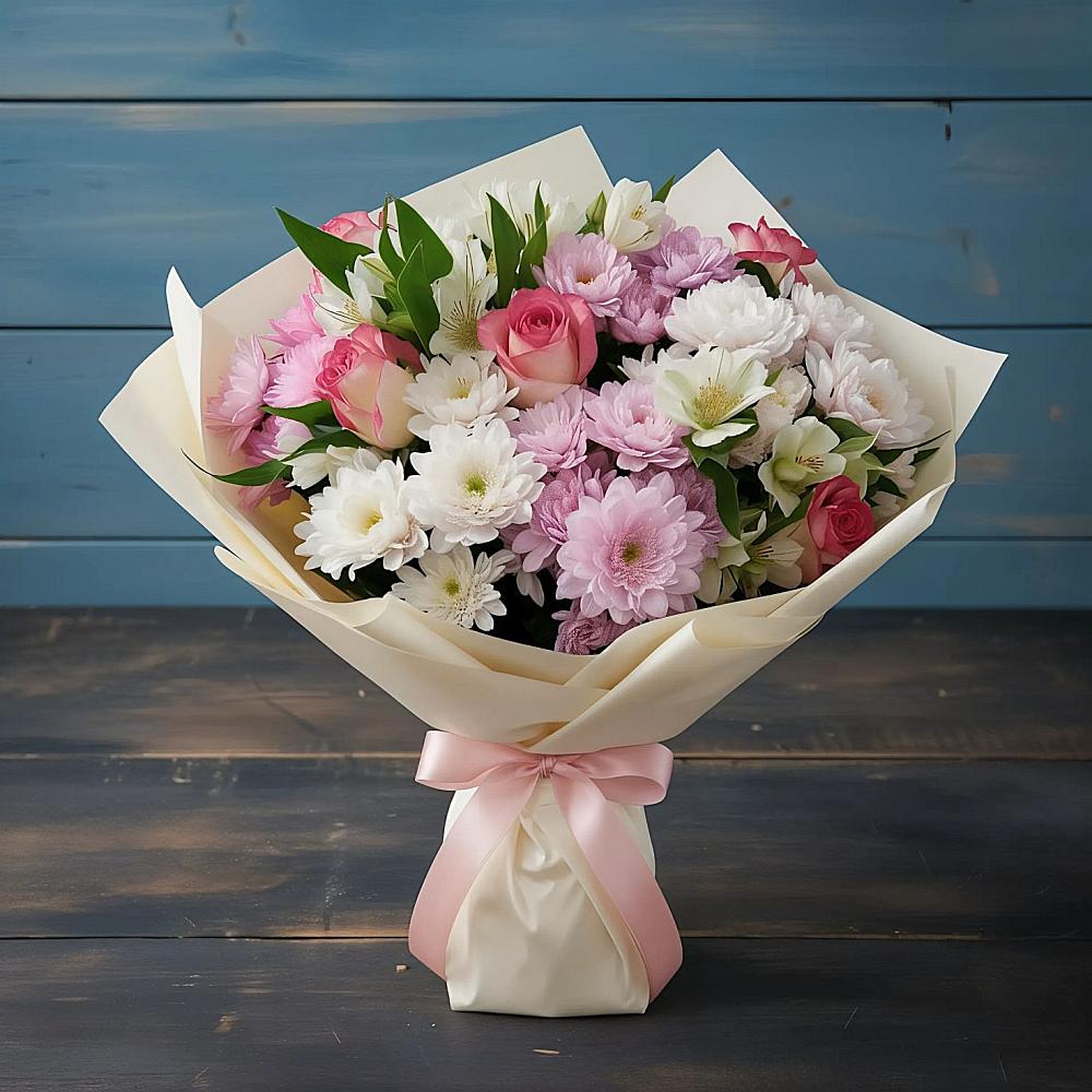 Букет цветов из: Хризантемы, Альстромерии и Розы в Троицком Хабаровский край